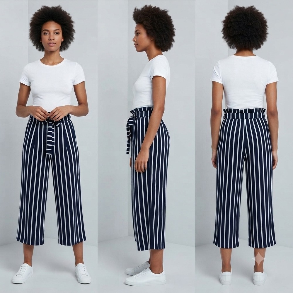 Zara Womens Culotte Pants M Navy Blue White Striped Wide-Leg Cropped Tie Waist